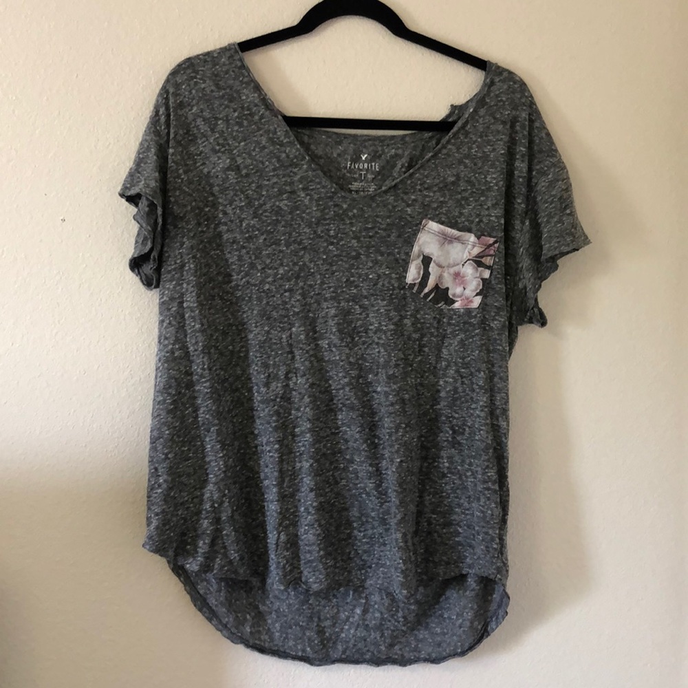 Gray American Eagle Outfitters Floral Pocket Tee